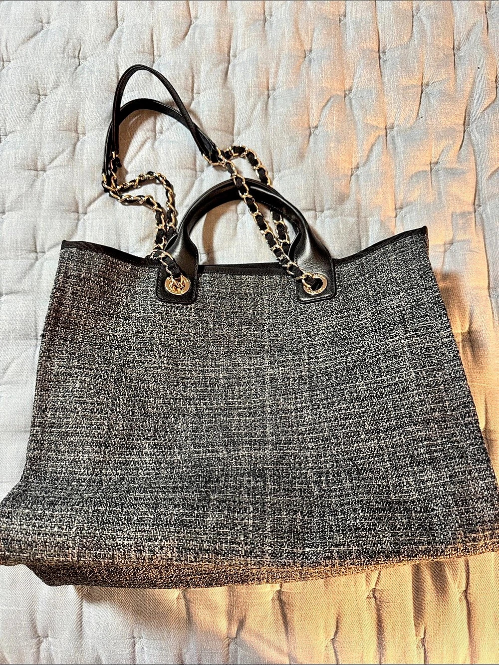 CC Tweed Chain Handle Tote in Black & Gray